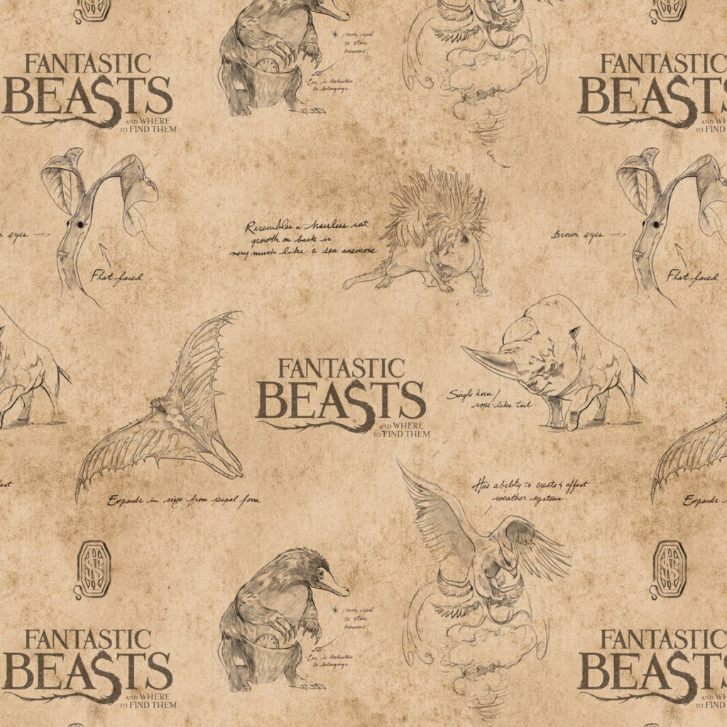 Wizarding World - Fantastic Beasts Collection - Logo & Creatures On Textured Ground - Tan - Cotton