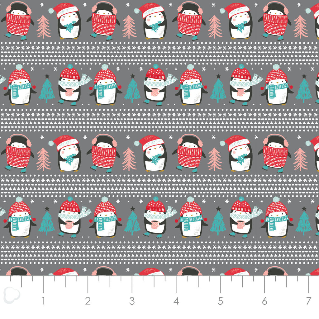 Merry Penguins Collection - Snow Day Stripe - Charcoal - Cotton